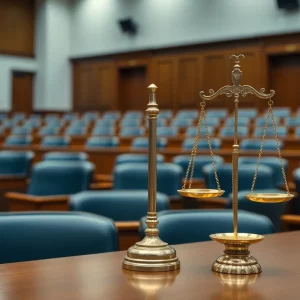 Empty courtroom highlighting the absence of defense attorneys