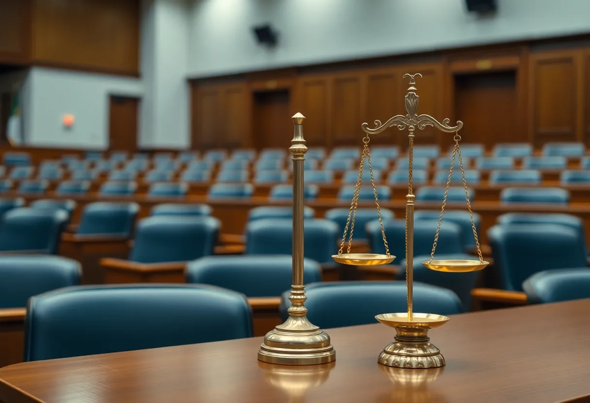 Empty courtroom highlighting the absence of defense attorneys