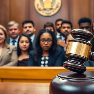A gavel and courtroom scene representing legal justice