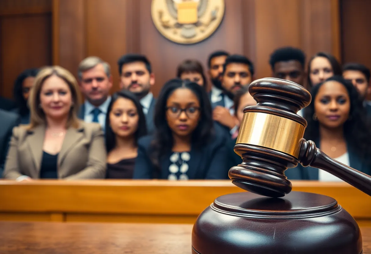 A gavel and courtroom scene representing legal justice