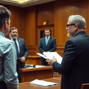 A courtroom scene depicting legal proceedings