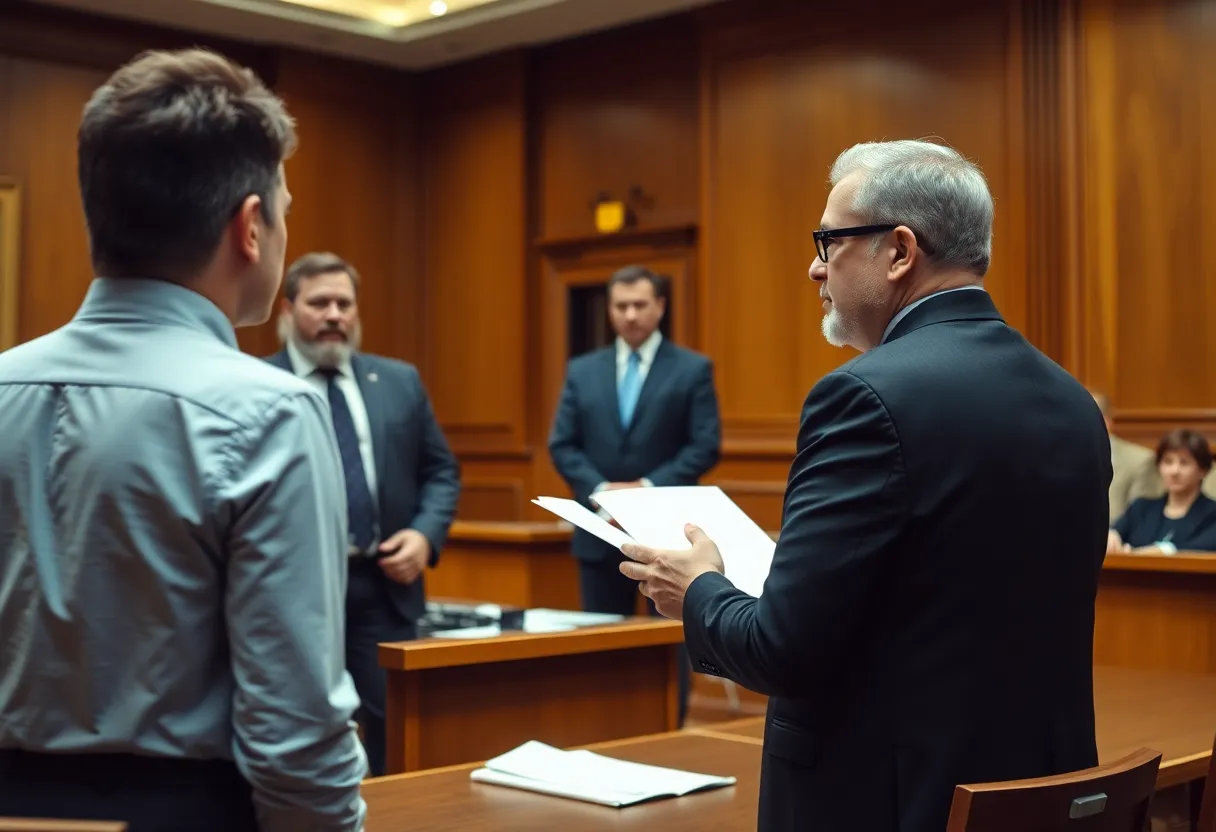 A courtroom scene depicting legal proceedings