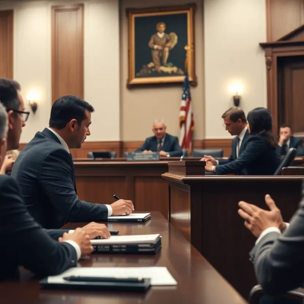 Courtroom scene with judge and lawyers