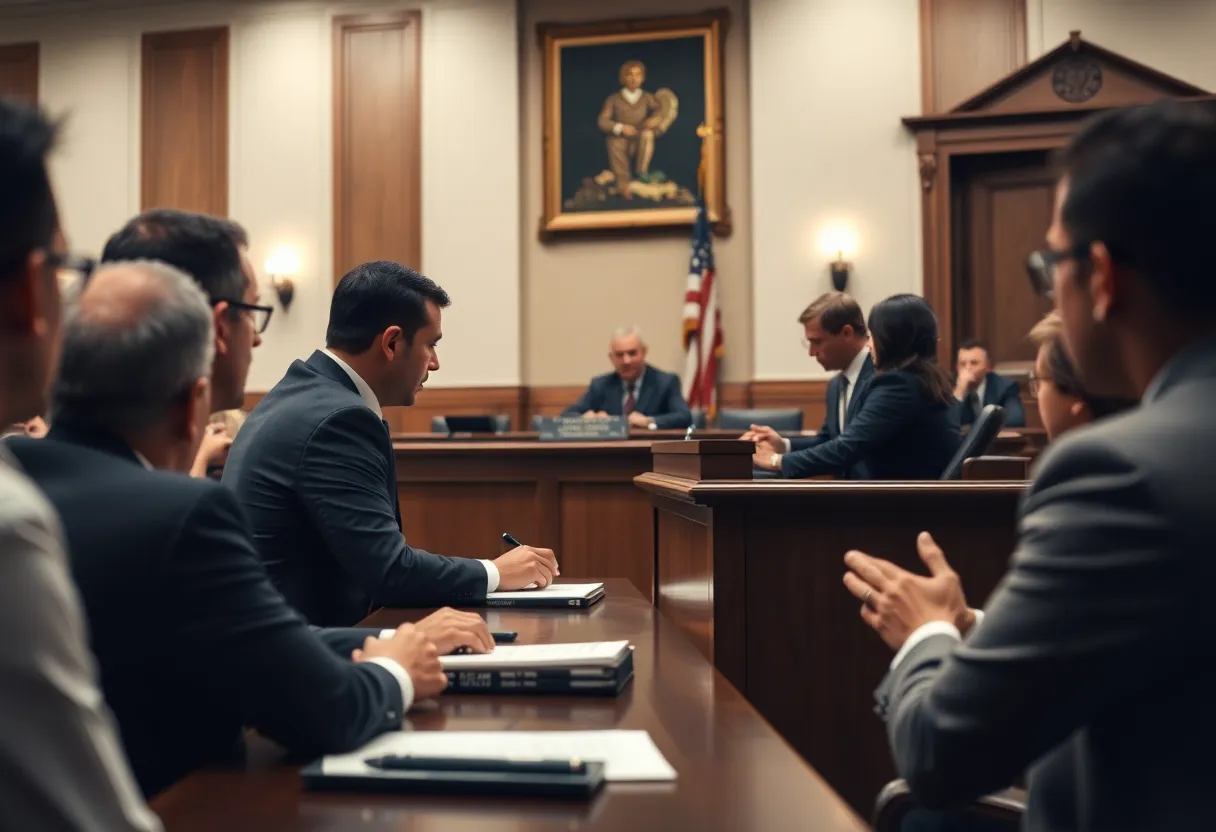 Courtroom scene with judge and lawyers