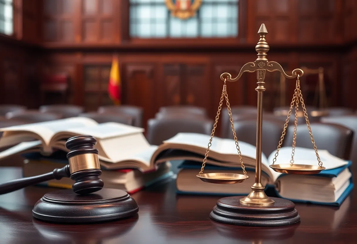 Courtroom with legal books and scales of justice