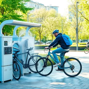 Automated bike-washing machine at Raymond L. Flynn Marine Park in Boston
