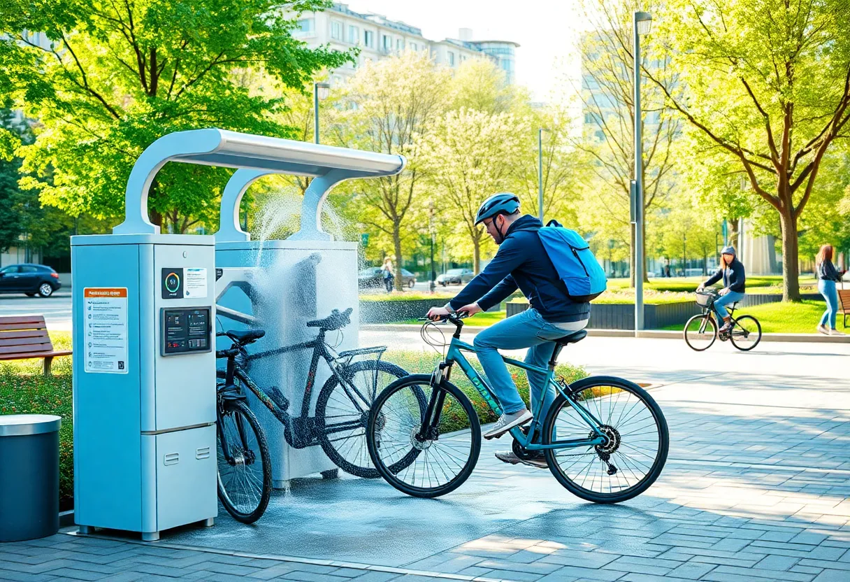 Automated bike-washing machine at Raymond L. Flynn Marine Park in Boston