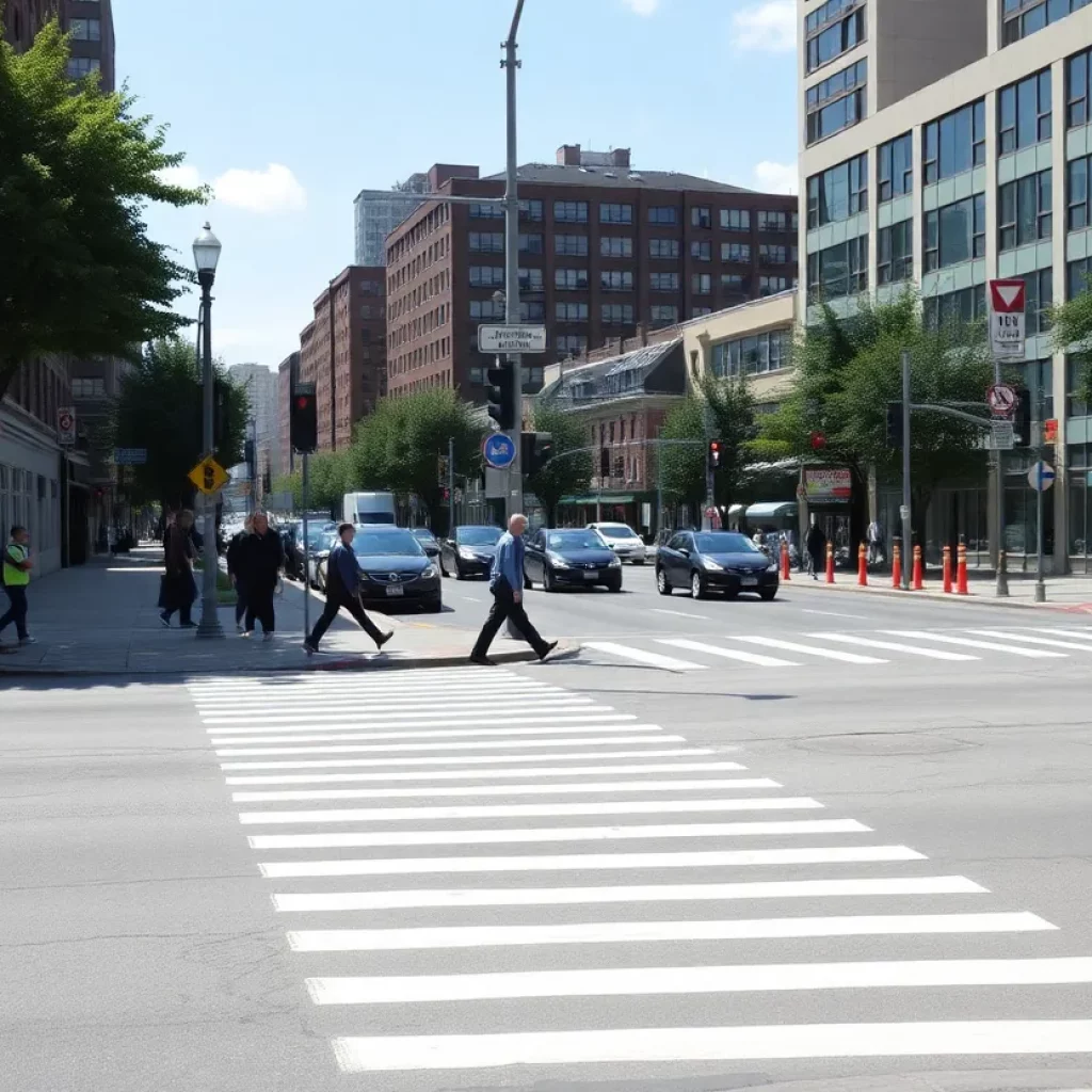 Busy urban intersection in Dorchester with safety signage and pedestrian crosswalks.