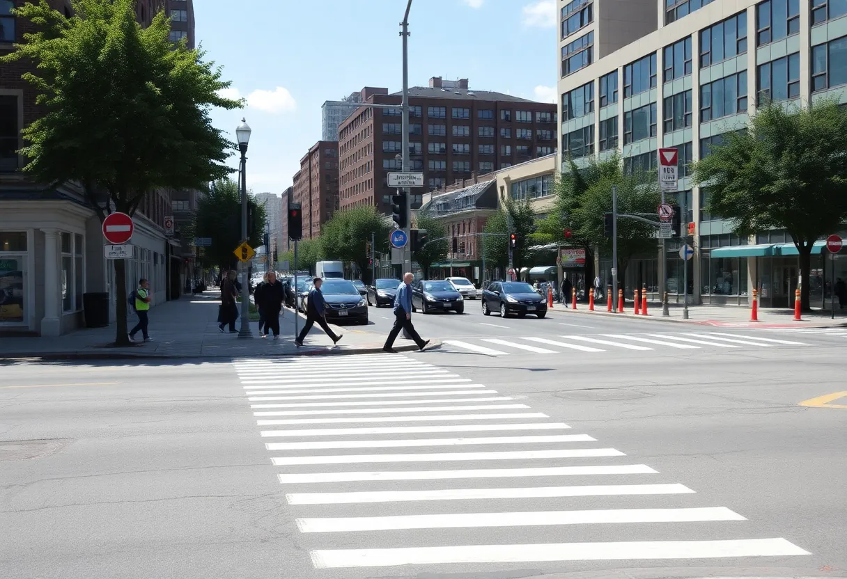 Busy urban intersection in Dorchester with safety signage and pedestrian crosswalks.