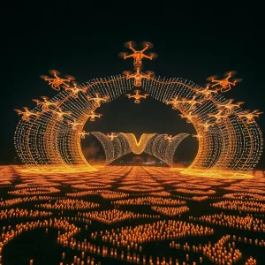 Synchronized drones performing in the night sky during the DroneArt Show in Boston