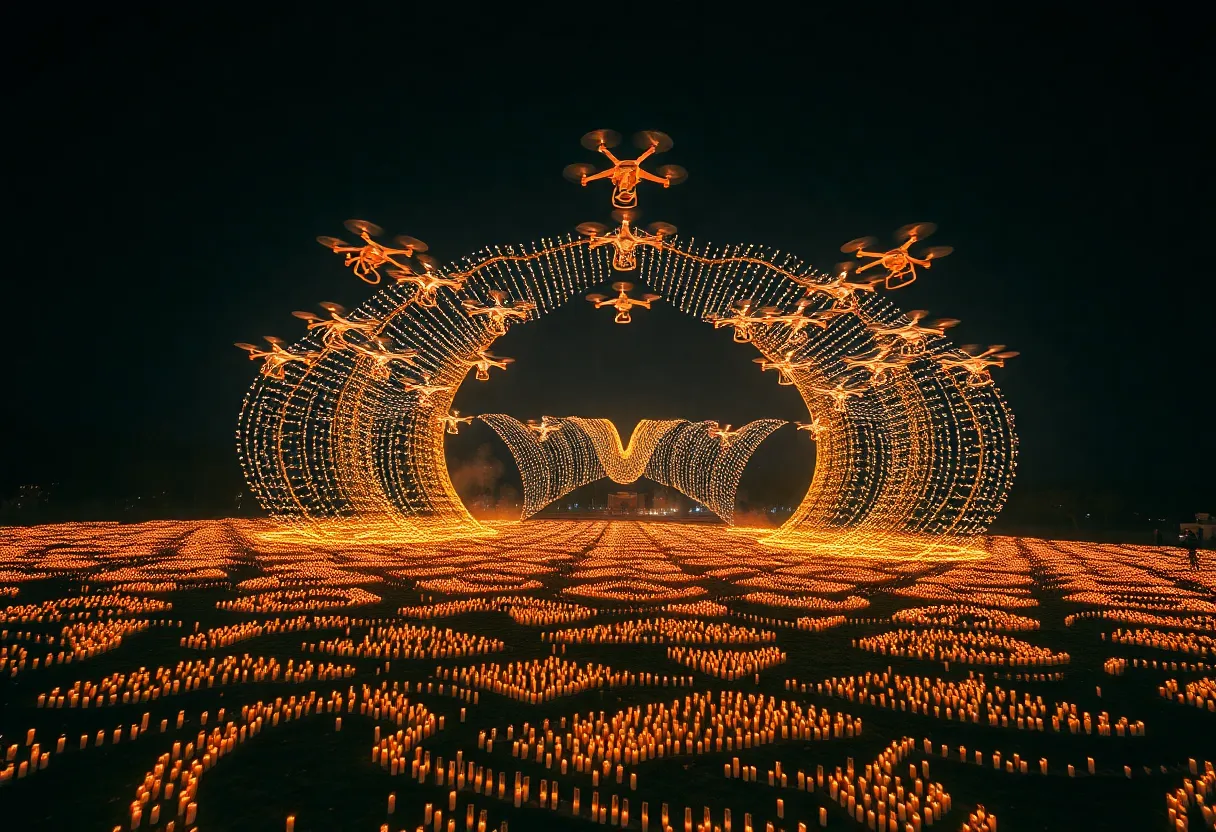 Synchronized drones performing in the night sky during the DroneArt Show in Boston