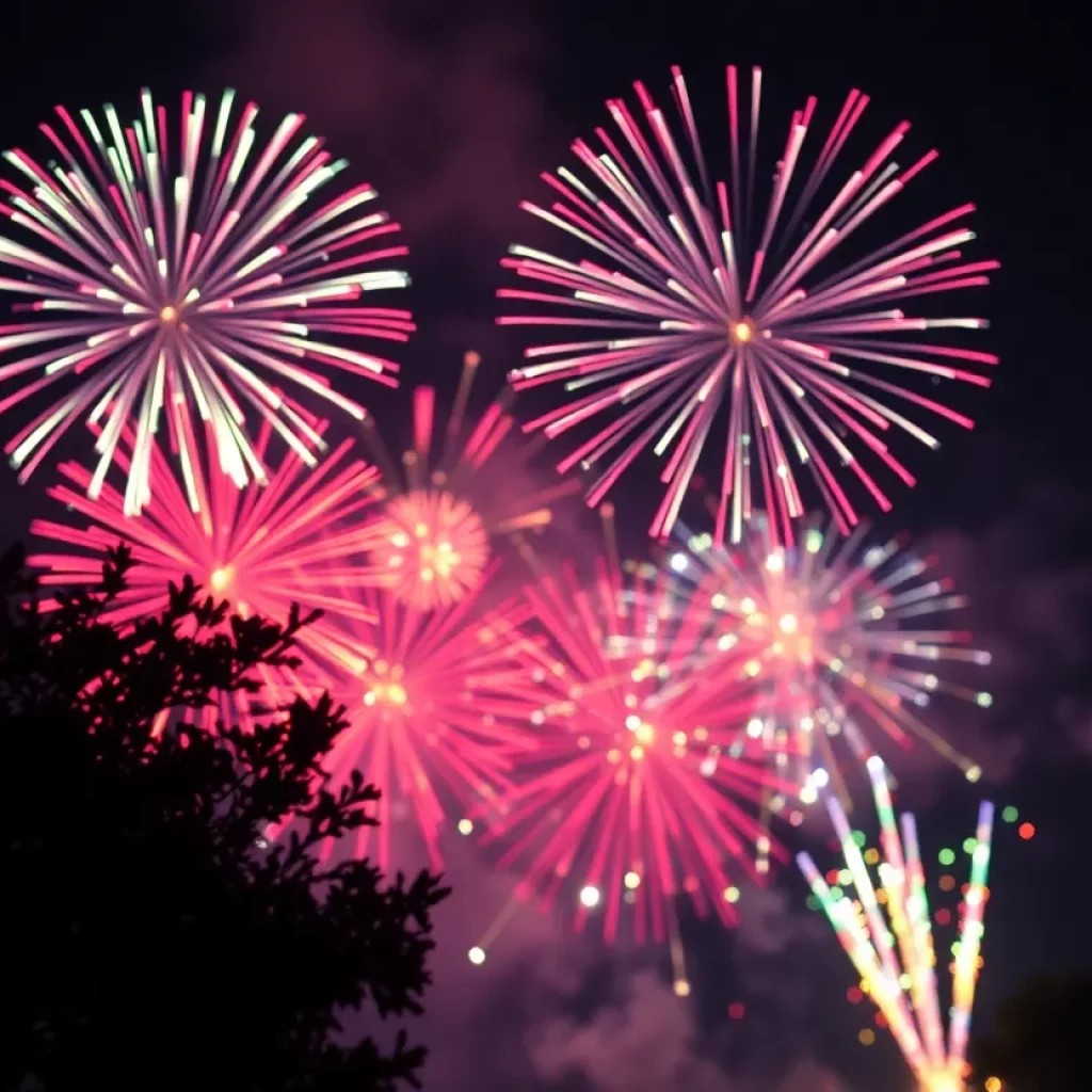 Colorful fireworks in the night sky with a focus on safety awareness.