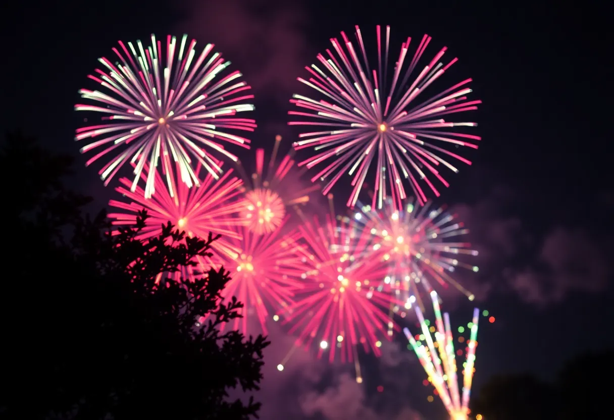 Colorful fireworks in the night sky with a focus on safety awareness.