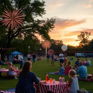 Families enjoying a Fourth of July celebration with fireworks in the sky