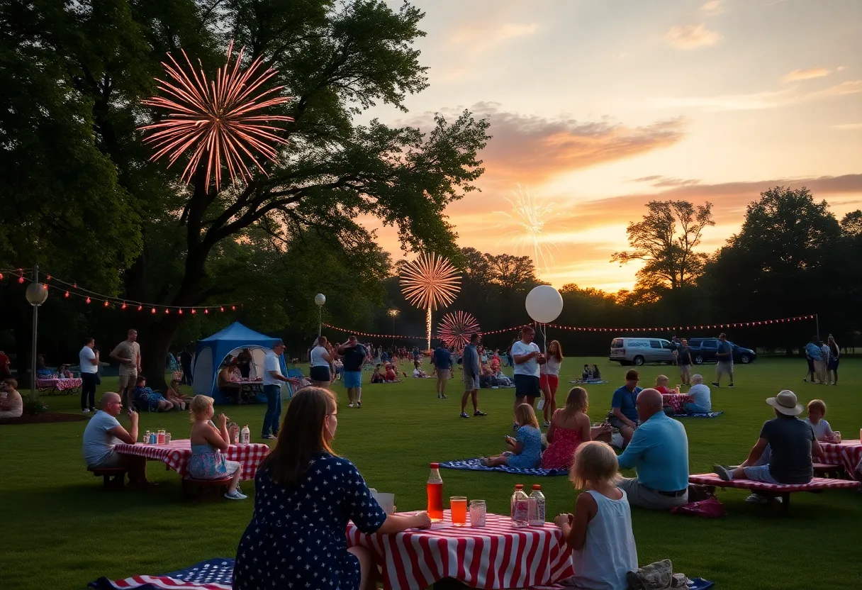 Families enjoying a Fourth of July celebration with fireworks in the sky