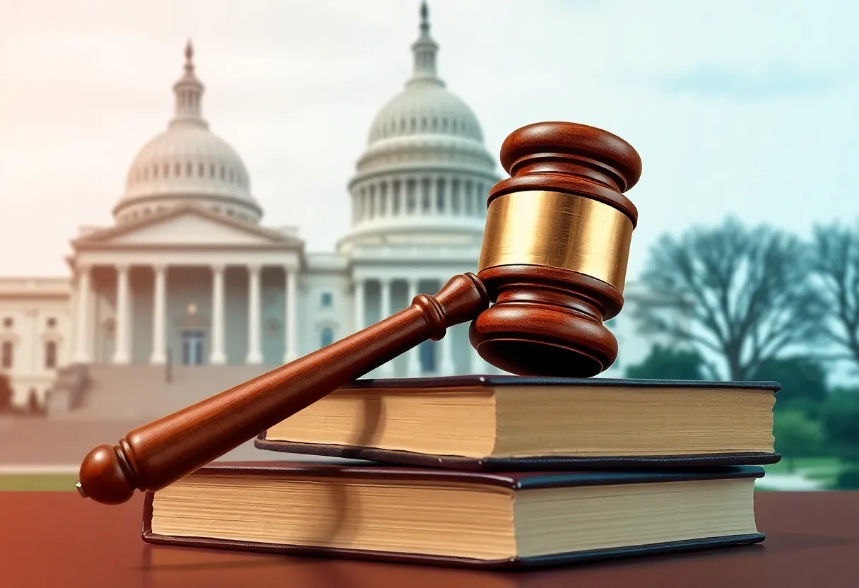 Gavel on stack of law books with U.S. Capitol in the background