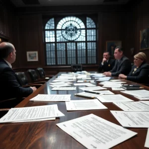 Interrogation room with legal documents representing a high-profile interview.
