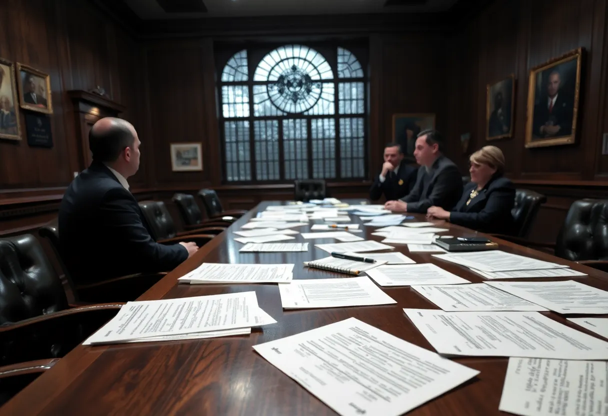 Interrogation room with legal documents representing a high-profile interview.