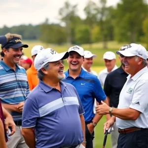 Golf players sharing a light moment during a tournament