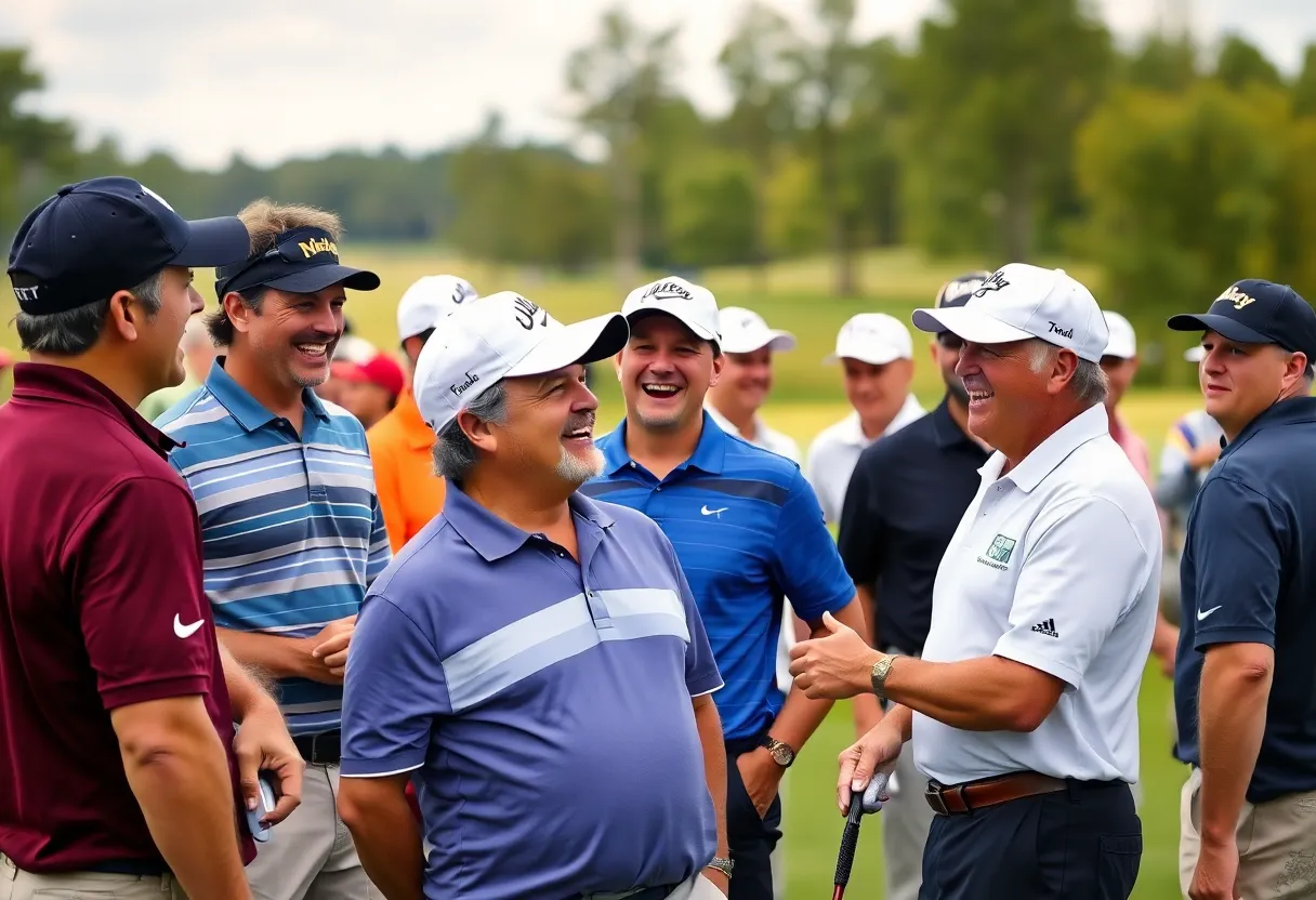 Golf players sharing a light moment during a tournament