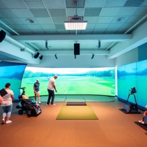 Indoor golf facility with simulators and happy players
