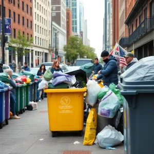 Overflowing trash bins on a busy street in Greater Boston.