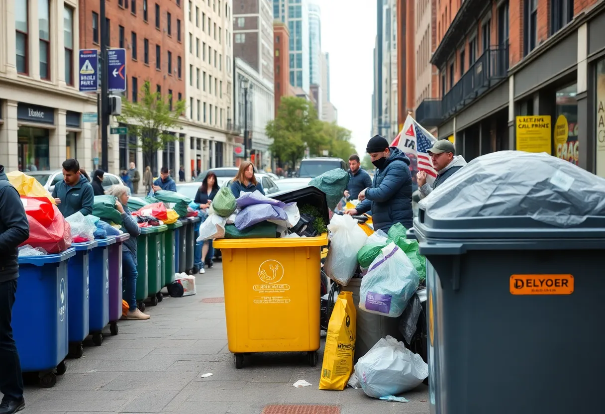 Overflowing trash bins on a busy street in Greater Boston.