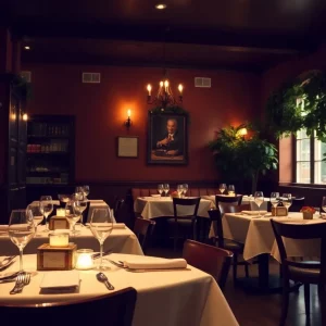Interior of Grotto Italian restaurant in Boston, showing tables and romantic lighting
