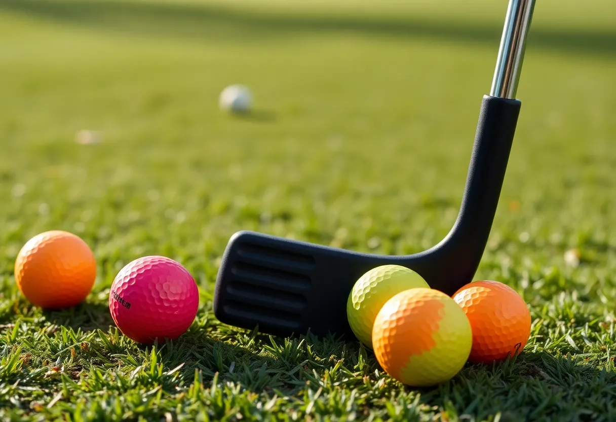 Limited-edition hockey stick putter and golf balls celebrating Happy Gilmore.