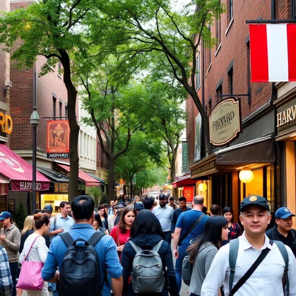 A busy scene in Harvard Square with diverse businesses and patrons.