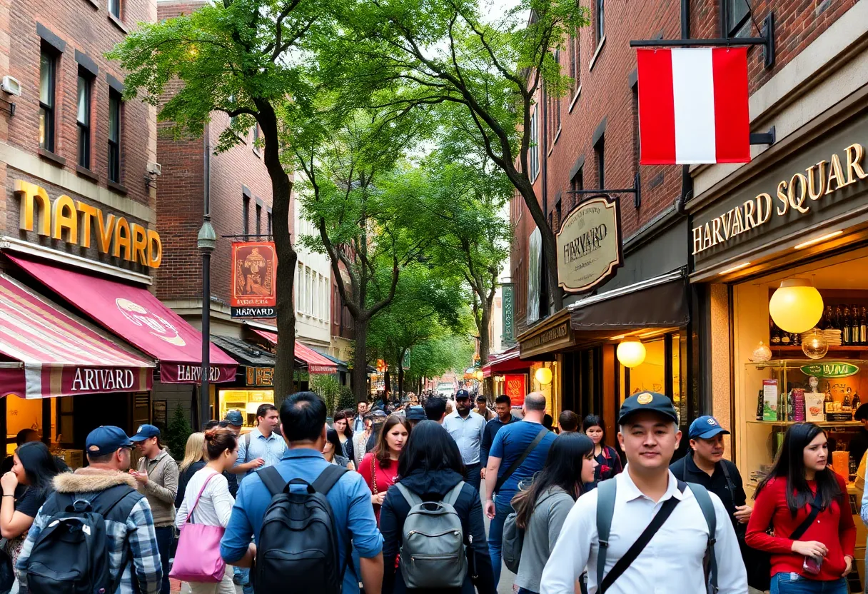A busy scene in Harvard Square with diverse businesses and patrons.