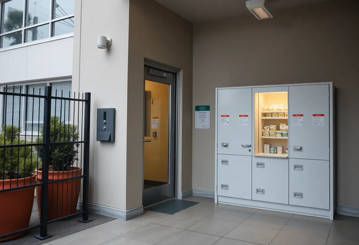 Exterior of a healthcare facility with security measures