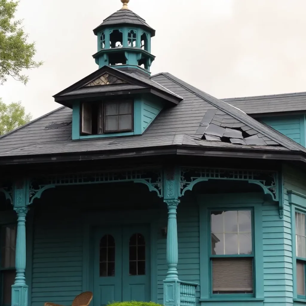 Dodecagonal historic home in Jamaica Plain showing fire damage