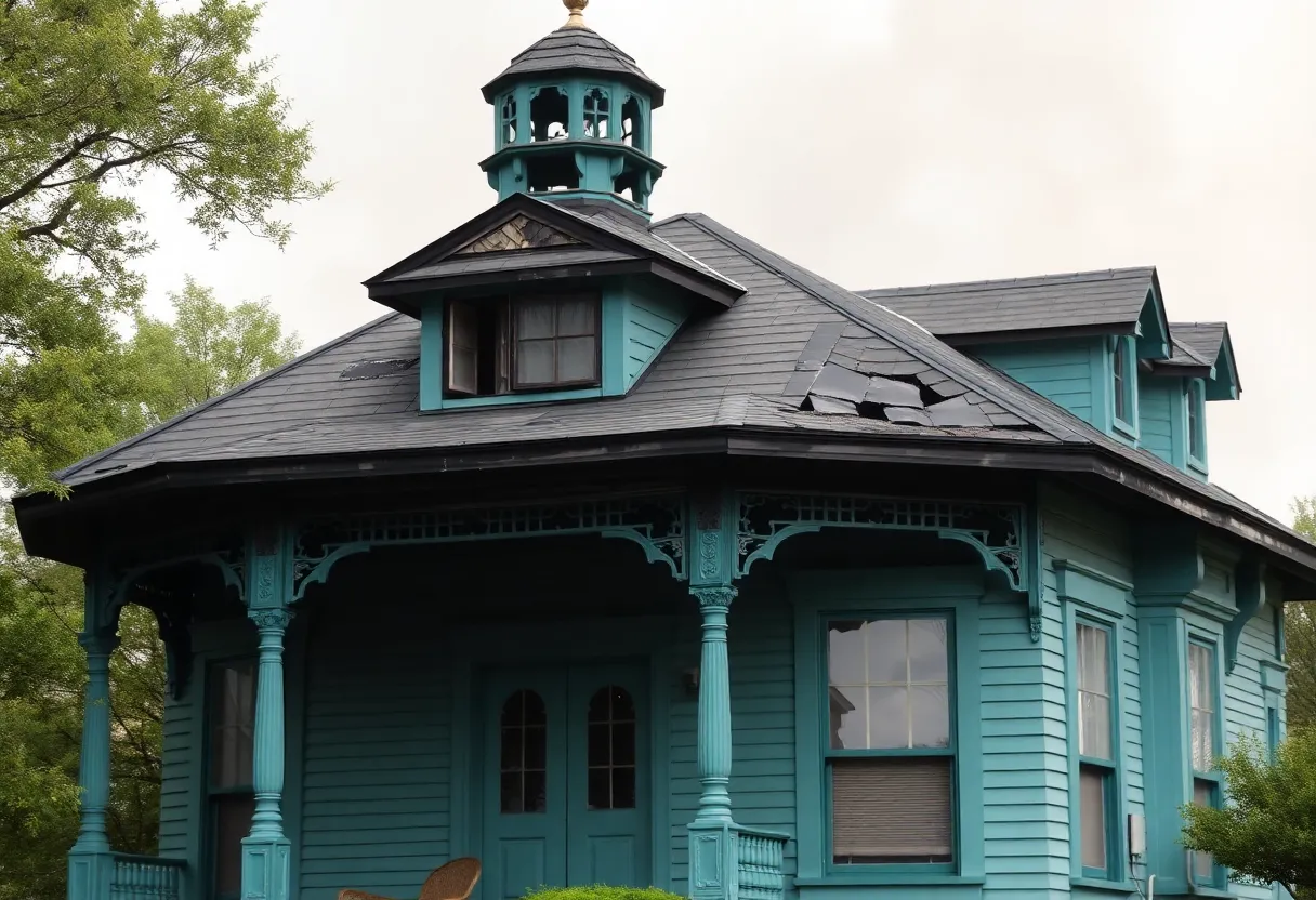 Dodecagonal historic home in Jamaica Plain showing fire damage