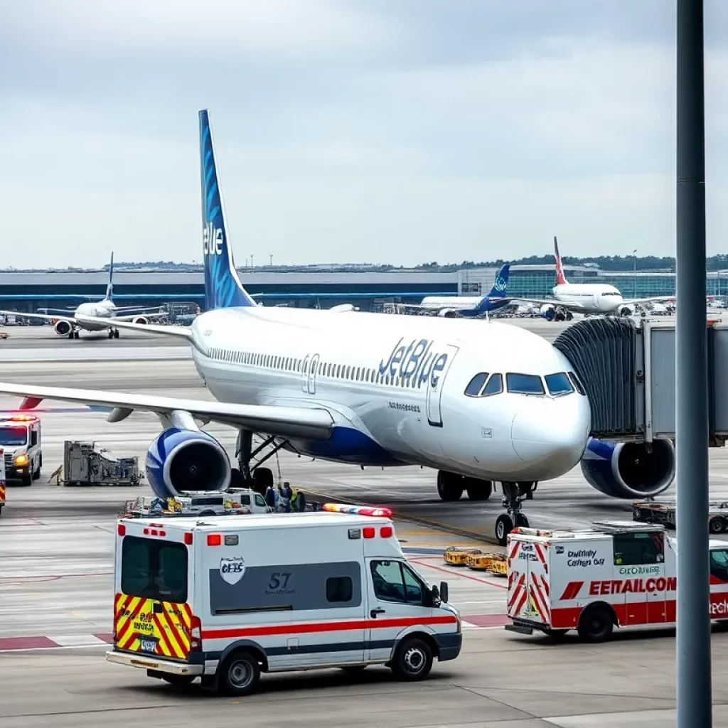 JetBlue airplane on tarmac with emergency response vehicles
