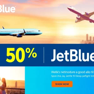 Promotional banner for JetBlue flight sale featuring airplanes and travel visuals