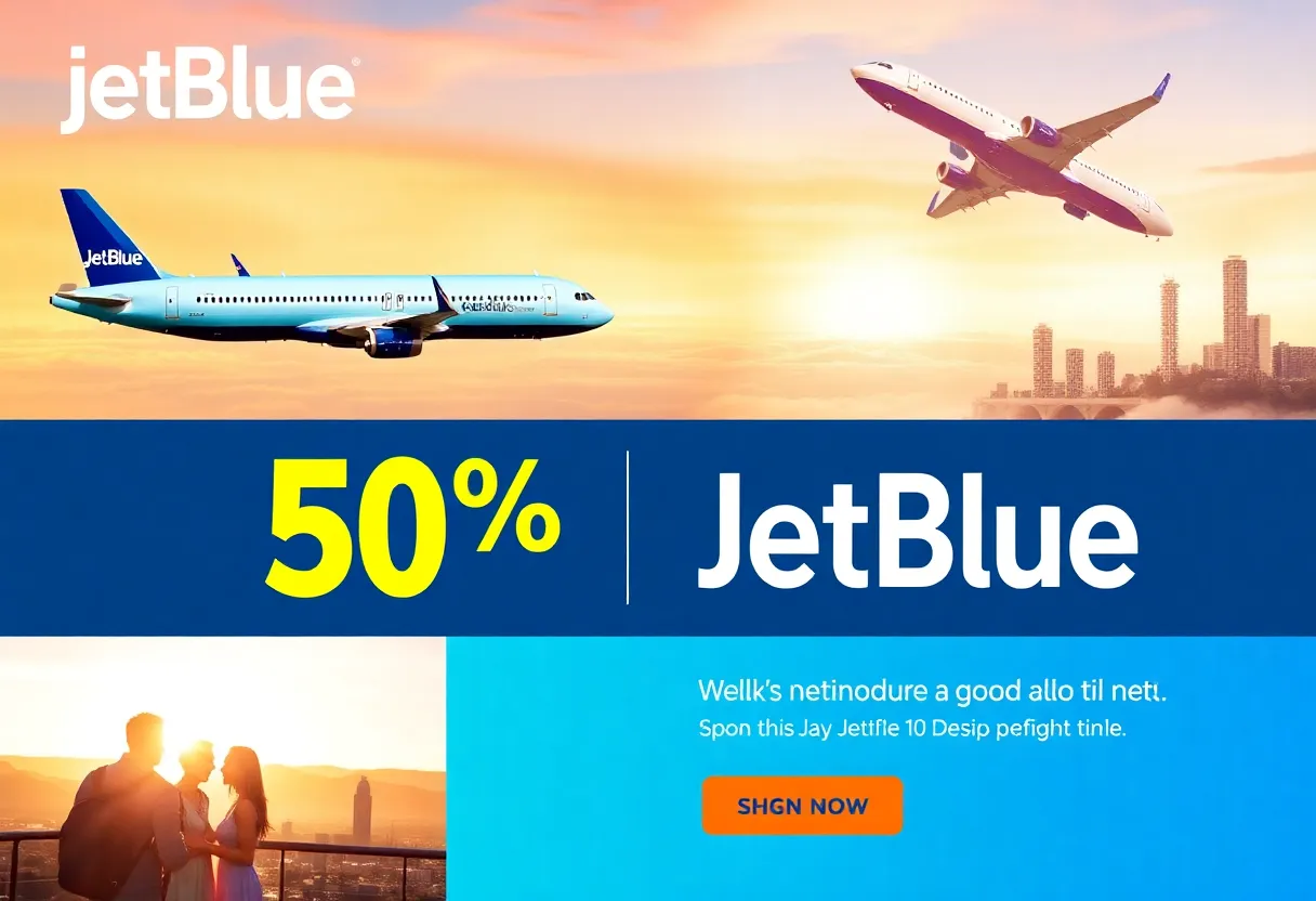 Promotional banner for JetBlue flight sale featuring airplanes and travel visuals