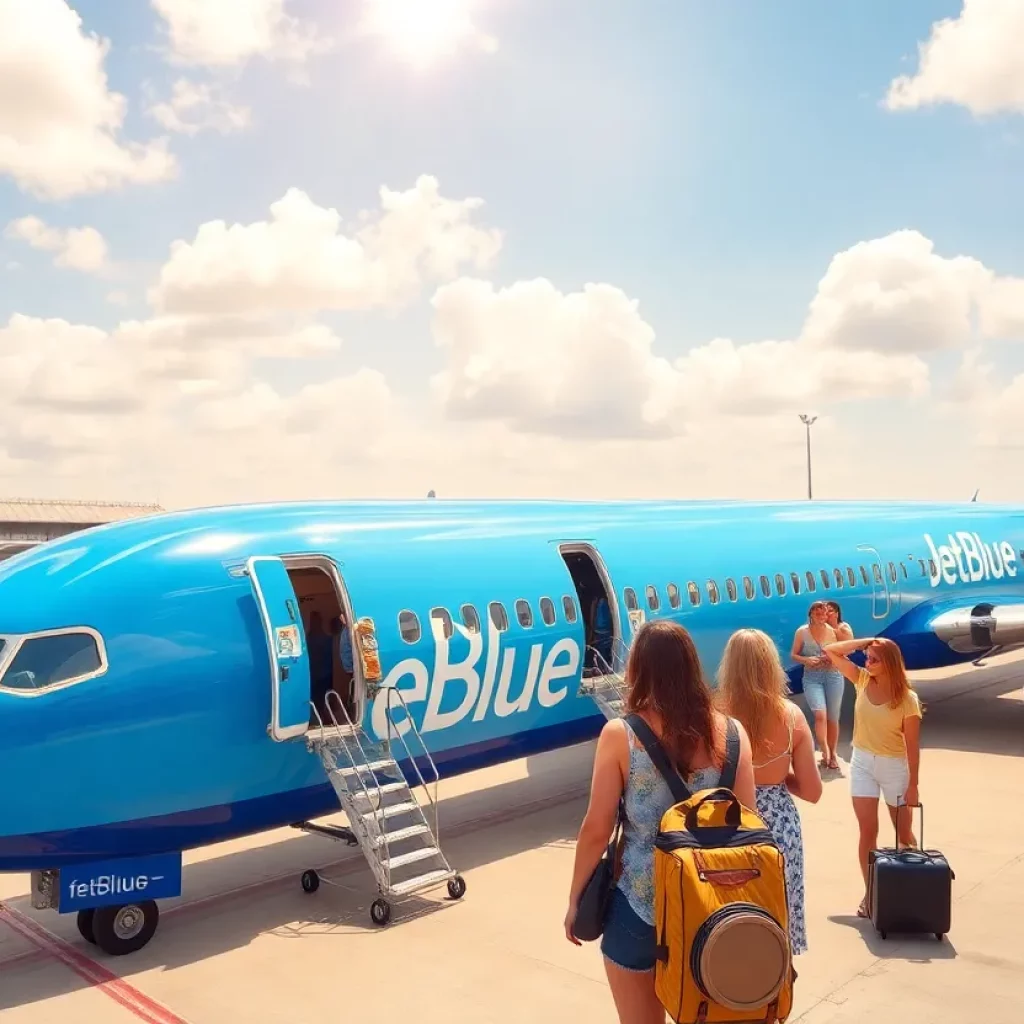 JetBlue airplane at sunny airport