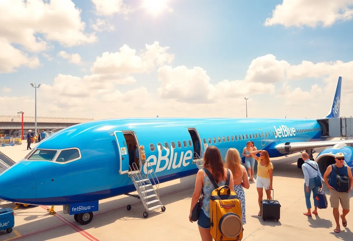 JetBlue airplane at sunny airport