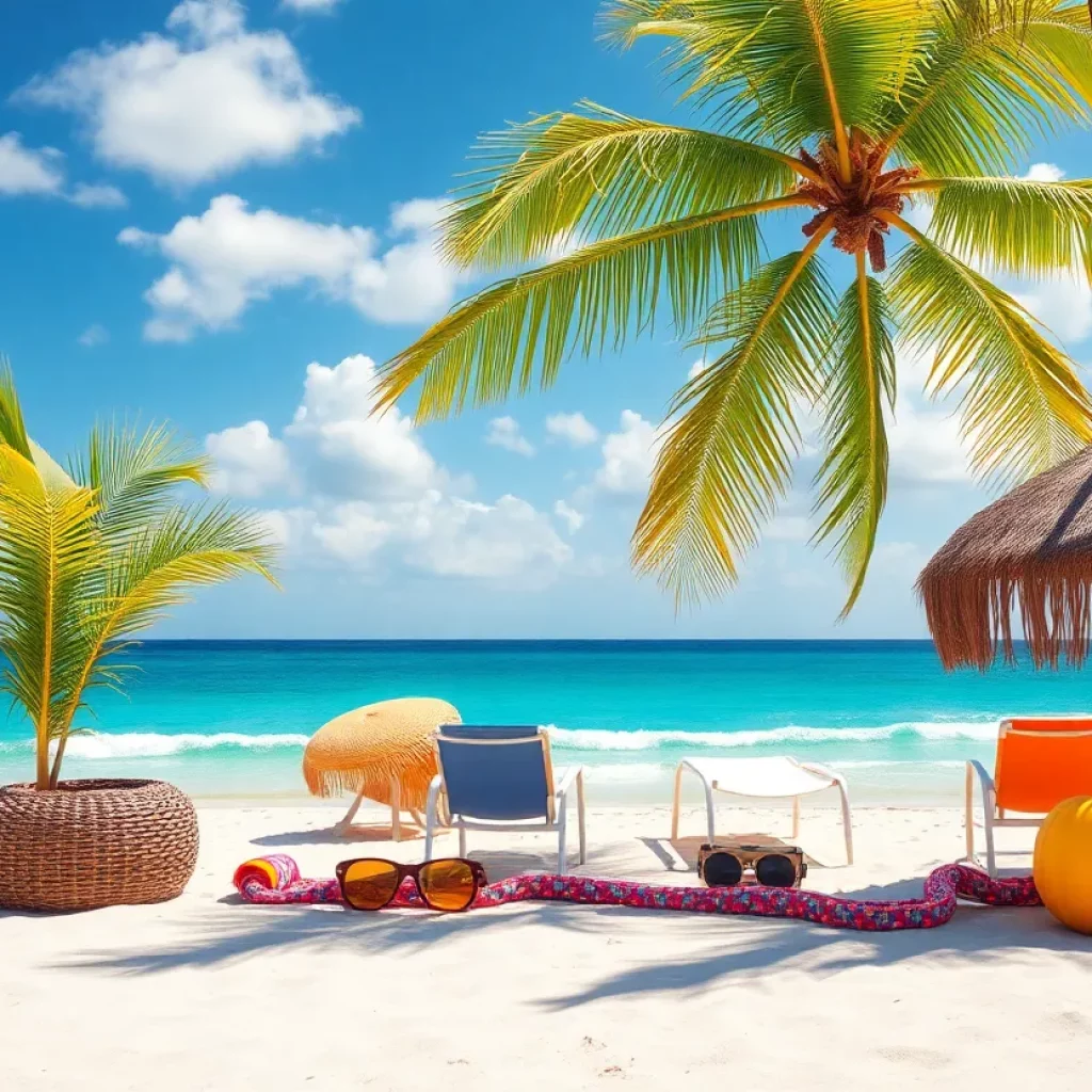 A tropical beach scene symbolizing Jimmy Buffett's music and carefree lifestyle.