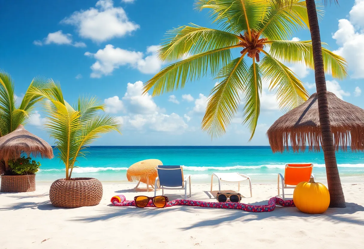 A tropical beach scene symbolizing Jimmy Buffett's music and carefree lifestyle.