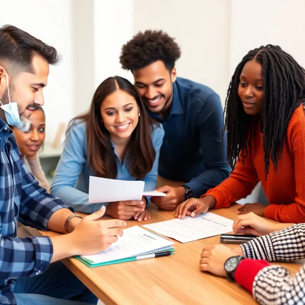A job training program featuring diverse individuals receiving support and guidance.