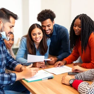 A job training program featuring diverse individuals receiving support and guidance.