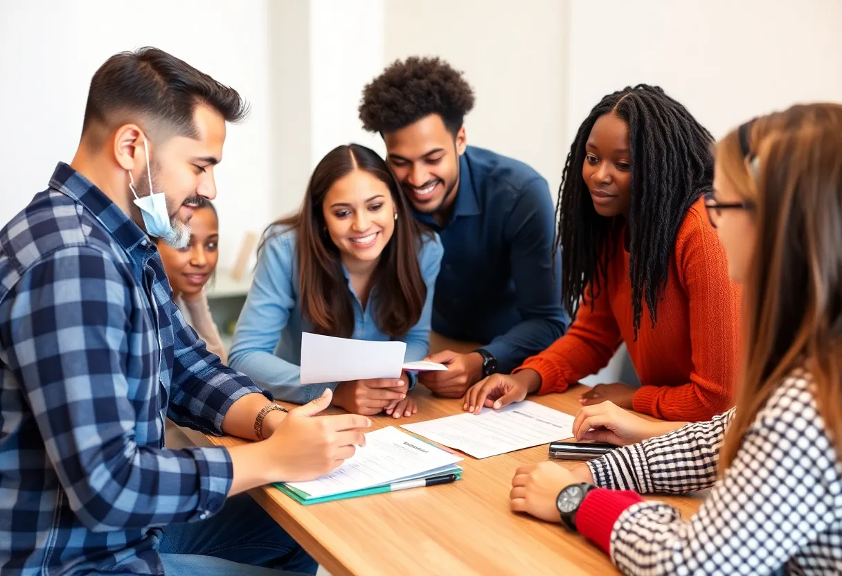 A job training program featuring diverse individuals receiving support and guidance.
