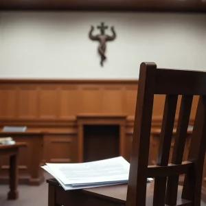 Courtroom scene for a serious legal case