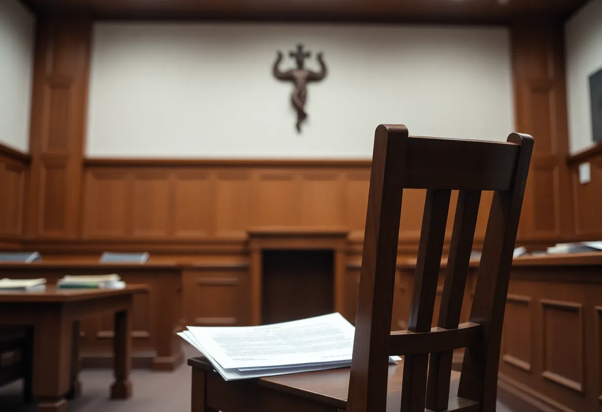 Courtroom scene for a serious legal case