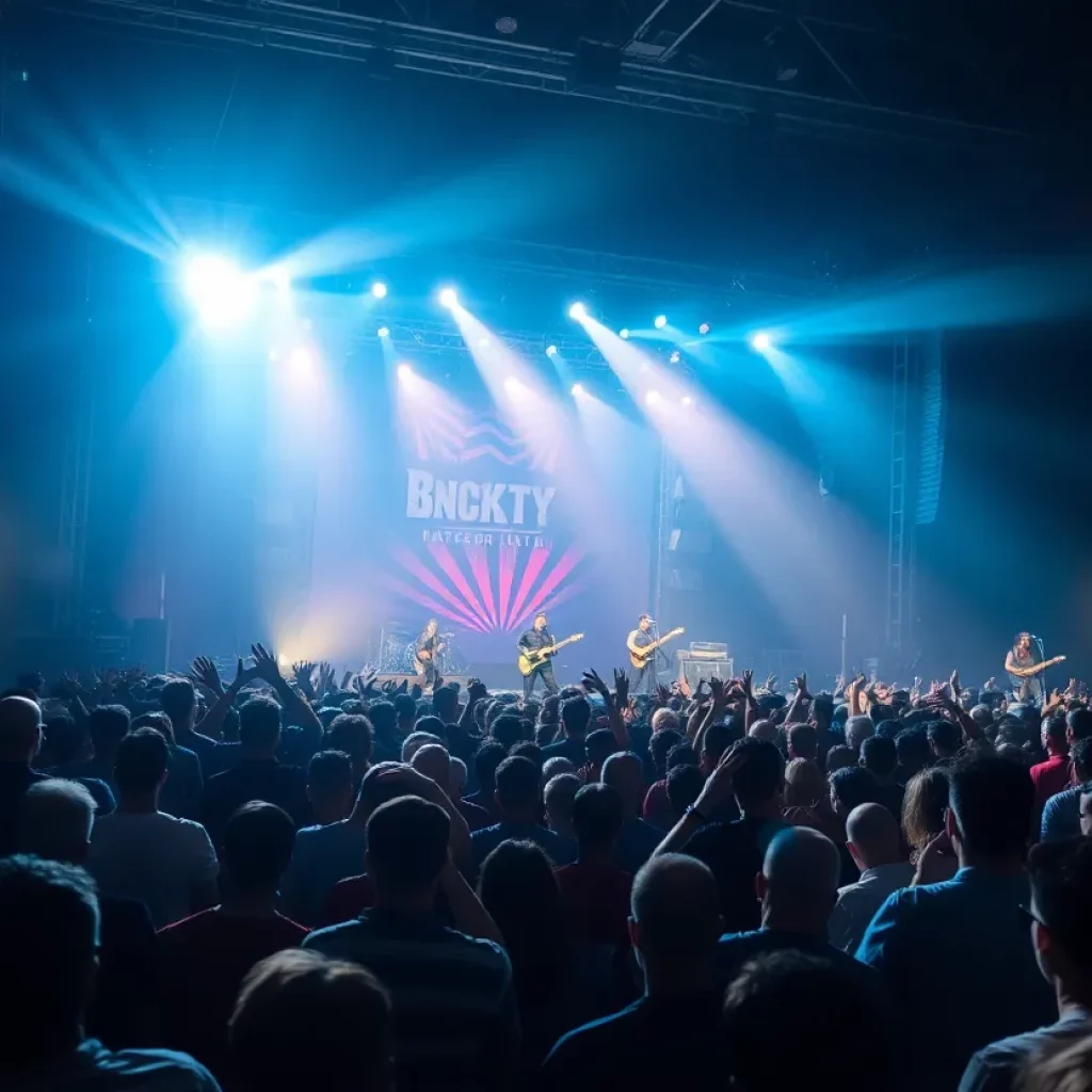 Crowd enjoying a Linkin Park concert with bright stage lights