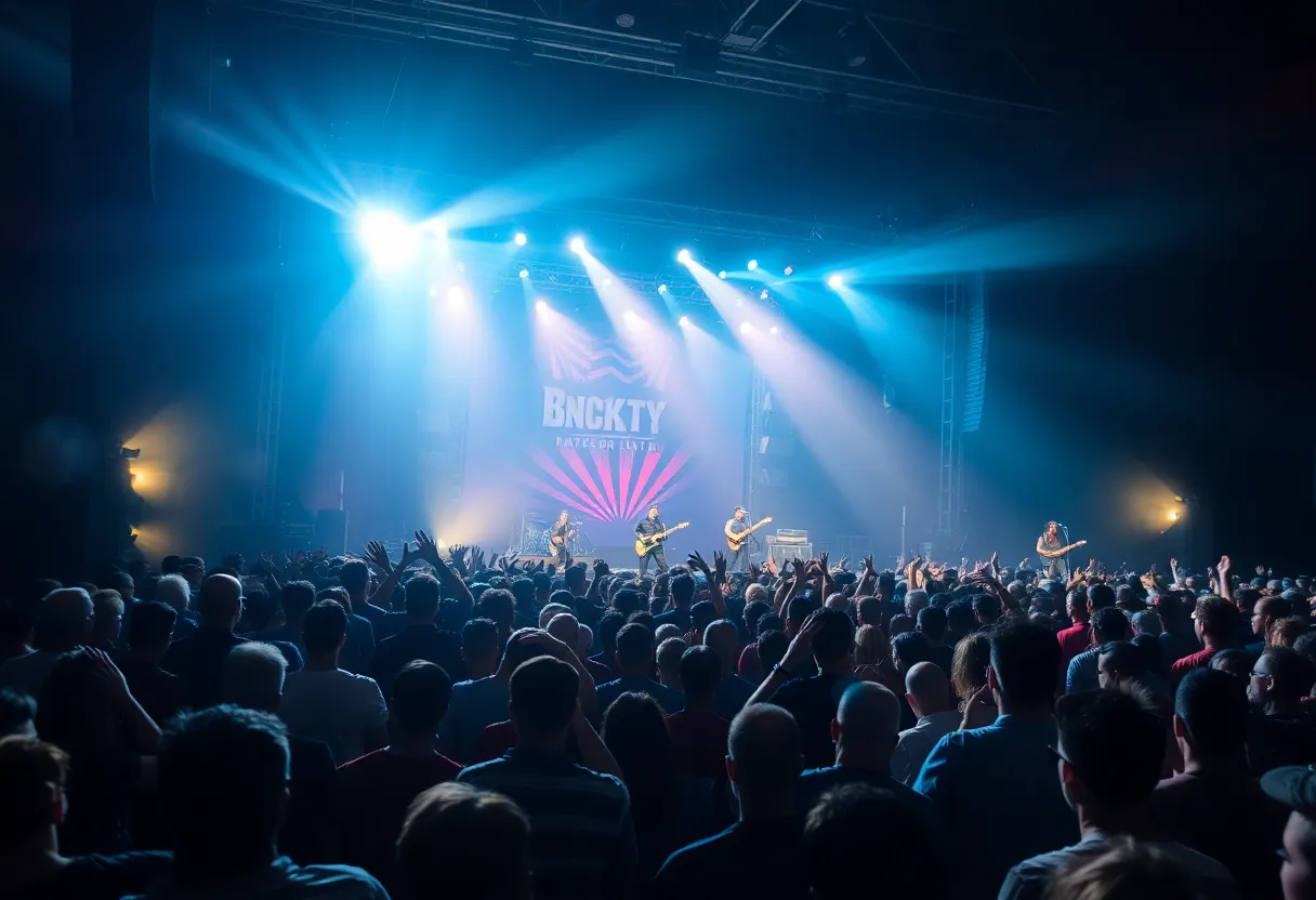 Crowd enjoying a Linkin Park concert with bright stage lights