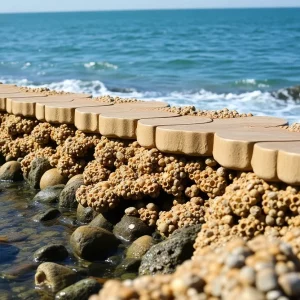 Innovative Living Seawall panels along Boston's coastline with marine life.
