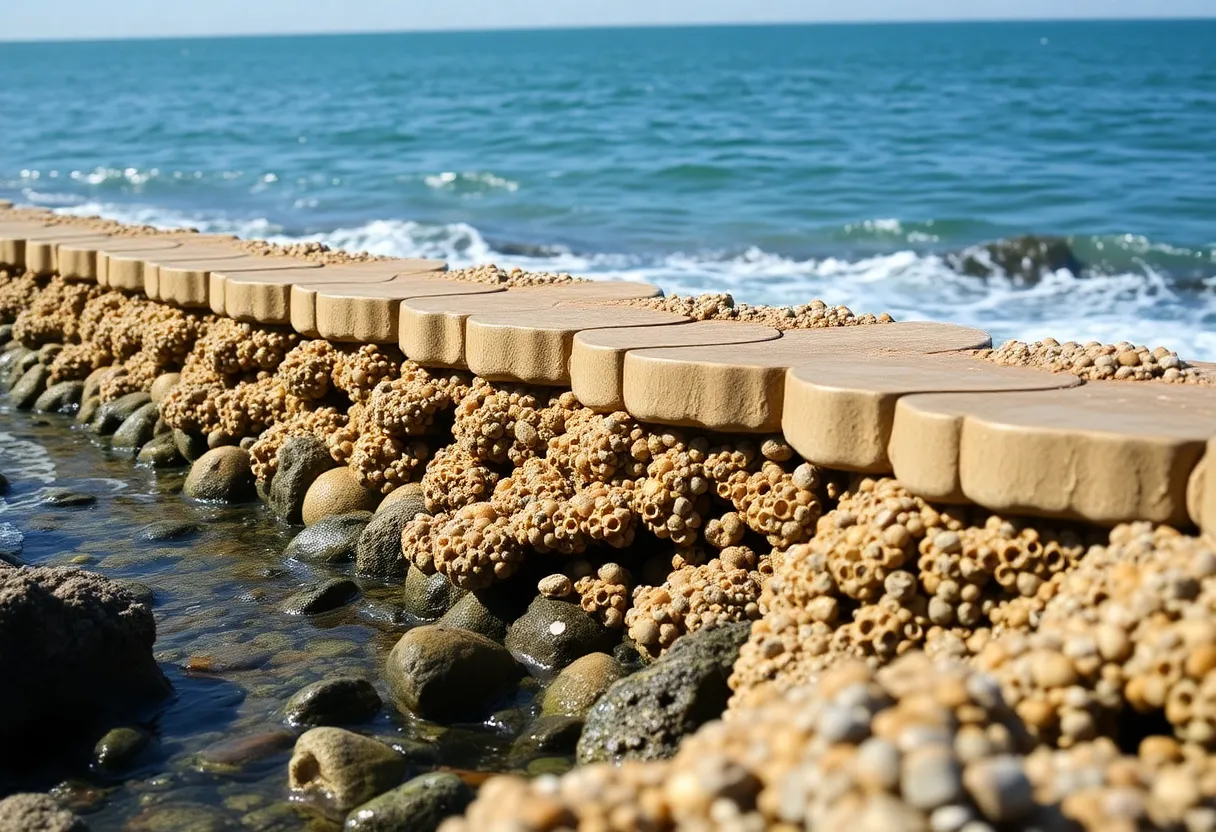 Innovative Living Seawall panels along Boston's coastline with marine life.